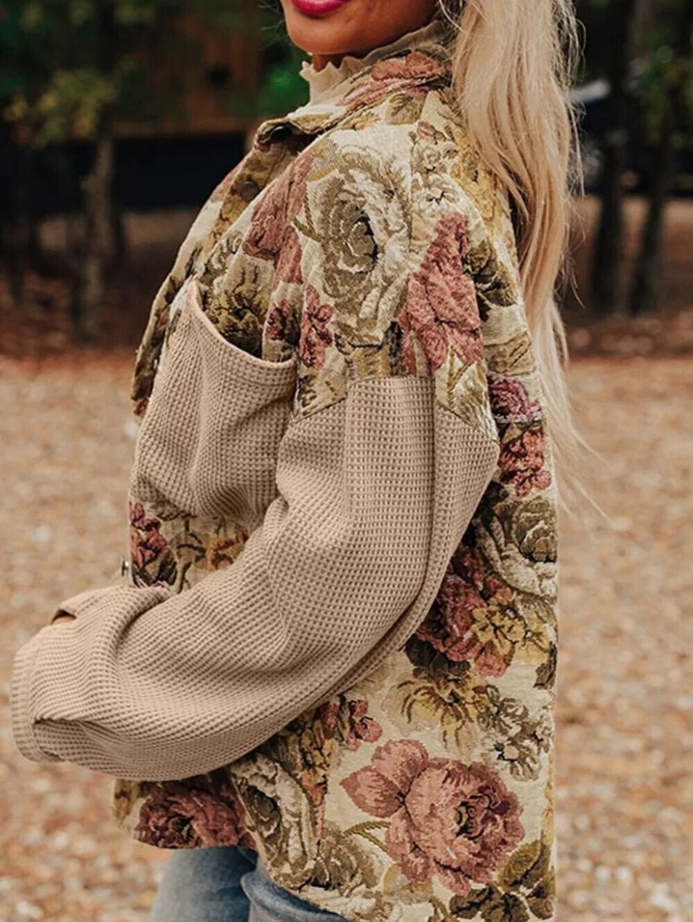 Floral Waffle Knit Patchwork Chest Pockets Buttoned Jacket - Picture 4 of 13